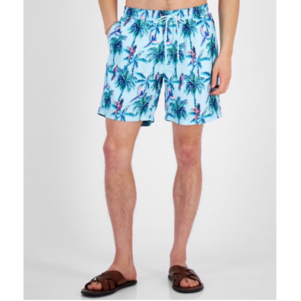 Club Room Mens Tropical‎ Palm Parrot Quick Dry Swim Trunks Clearwater Blue 7in L